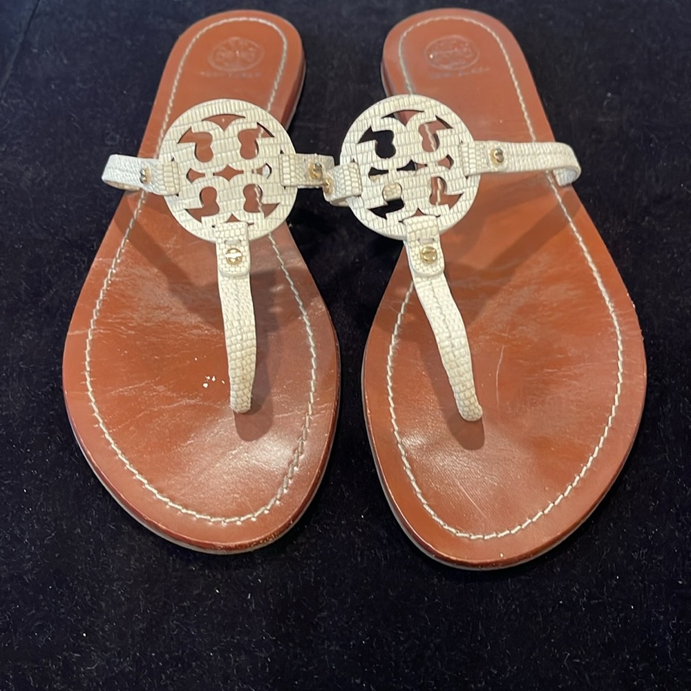 Tory Burch Brown Leather Sandals with Cream Braided Straps - Picture 4 of 5